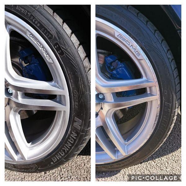 Before and after Mercedes AMG diamond cut wheels. Love the blue calipers on this aswell.: Swipe To View More Images