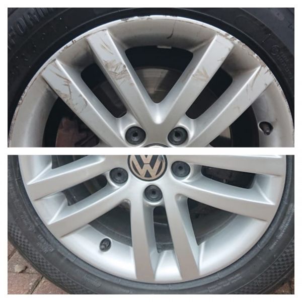 Before and after on these silver vw alloy wheels after fascia repair and respray in Sutton in Ashfield  : Swipe To View More Images