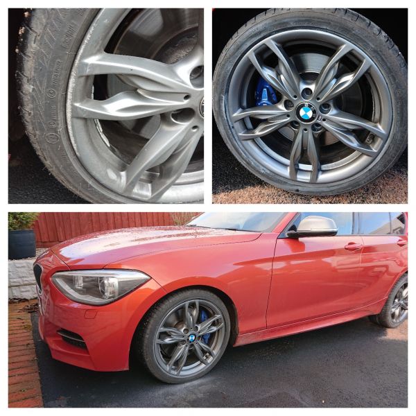 Ferric grey m sport bmw wheels repaired in Ashbourne. Looks lovely with the red car.: Swipe To View More Images