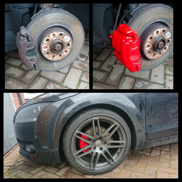 Fresh new red calipers. This customer in Tollerton took advantage of our February special offer on calipers painting. : Swipe To View More Images