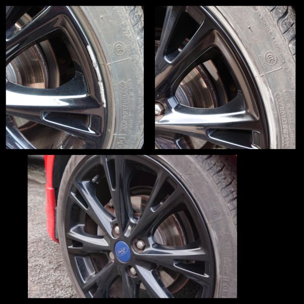 Gloss black alloy wheel kerb scratch on a ford repaired in Pinxton : Swipe To View More Images