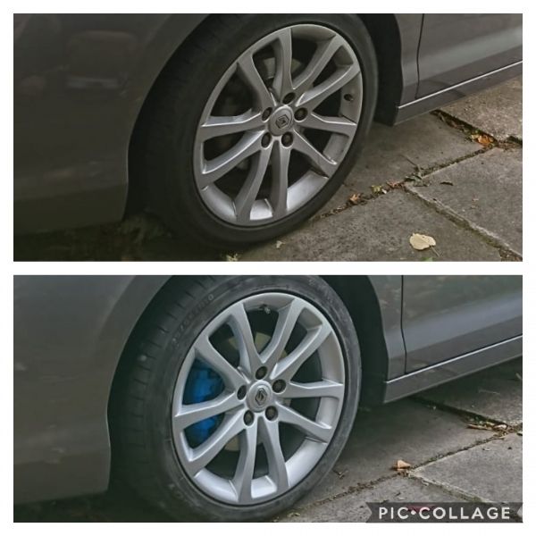 Refurbished silver alloys and newly painted blue calipers on a Renault in Swadlincote. Mark says "he is over the moon with the work and praises our great customer service." : Swipe To View More Images