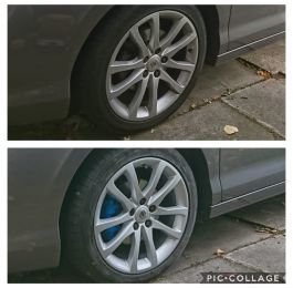 Refurbished silver alloys and newly painted blue calipers on a Renault in Swadlincote. Mark says "he is over the moon with the work and praises our great customer service." : Click Here To View Larger Image